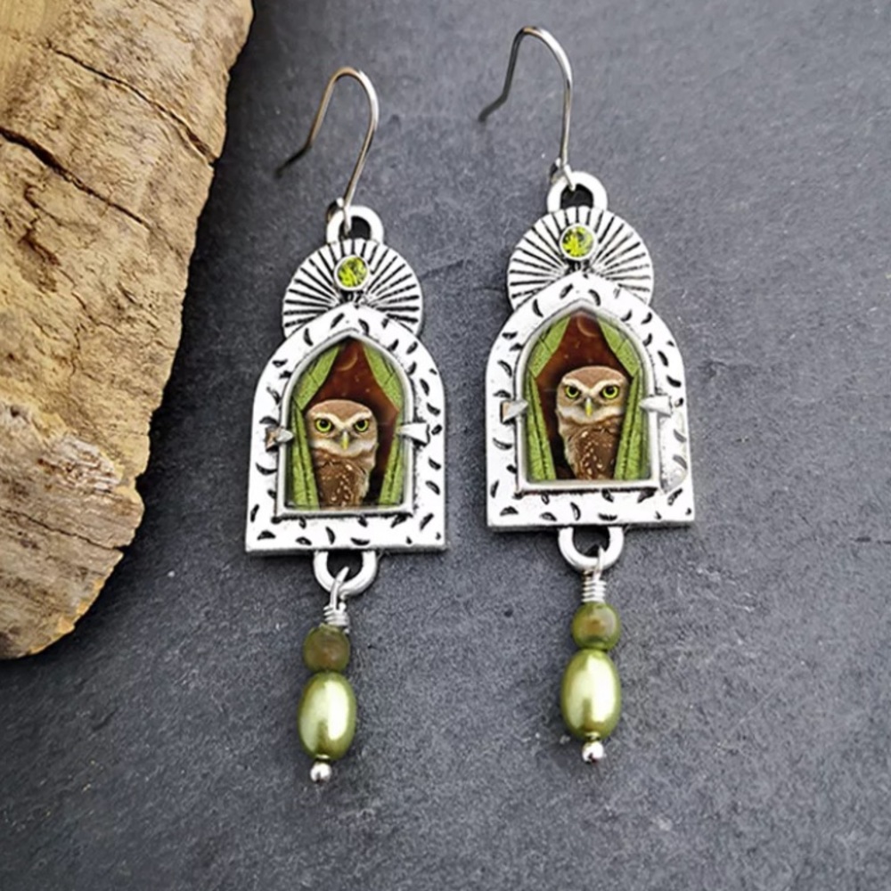 Silver & Green Pearl Owl Drop Earrings NEW olive
